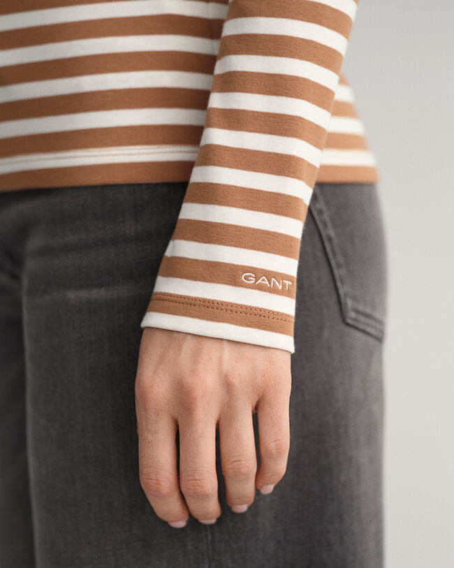 Stribet ribstrikket T-shirt med lange &aelig;rmer