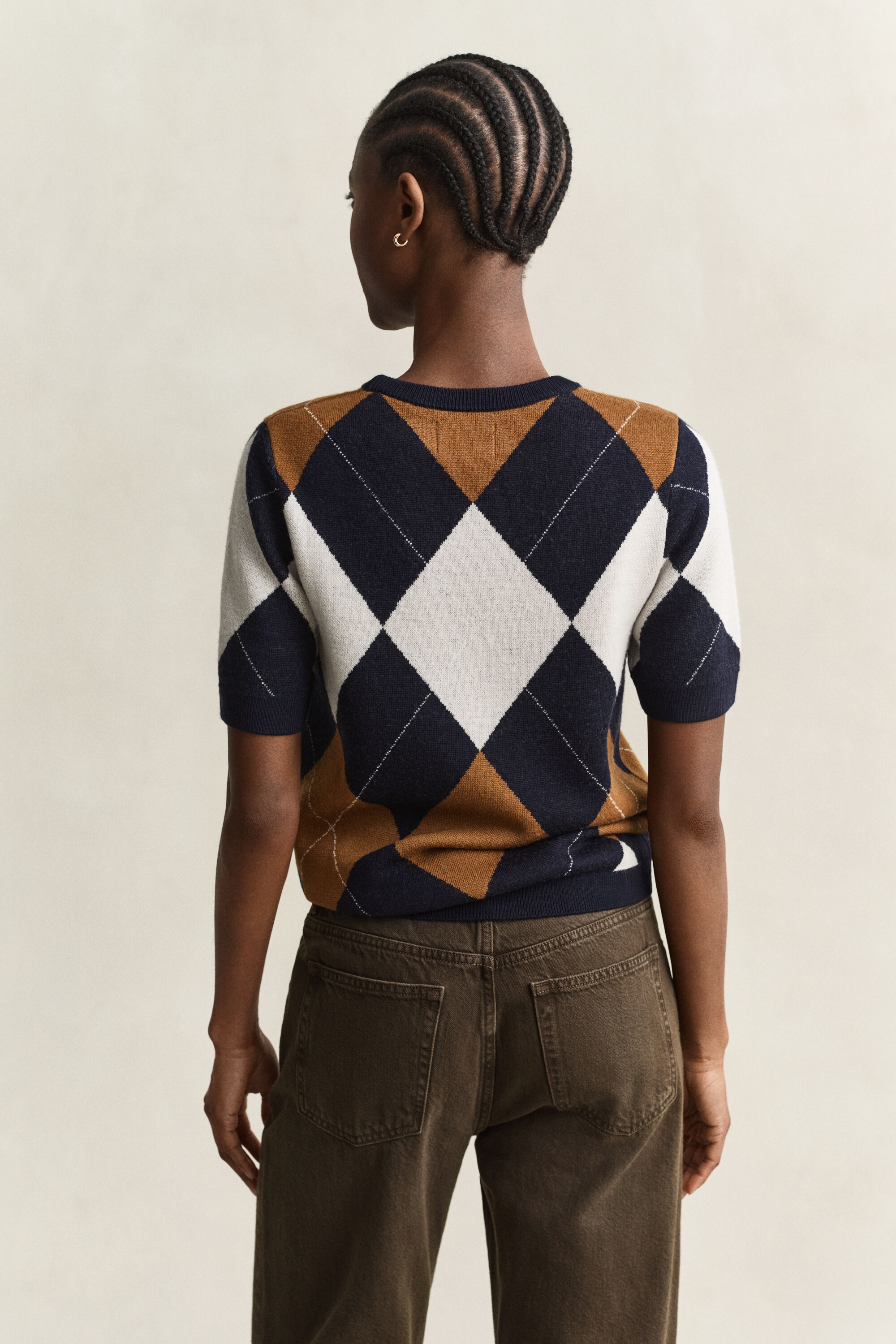 Argyle sweater i uld med korte ærmer