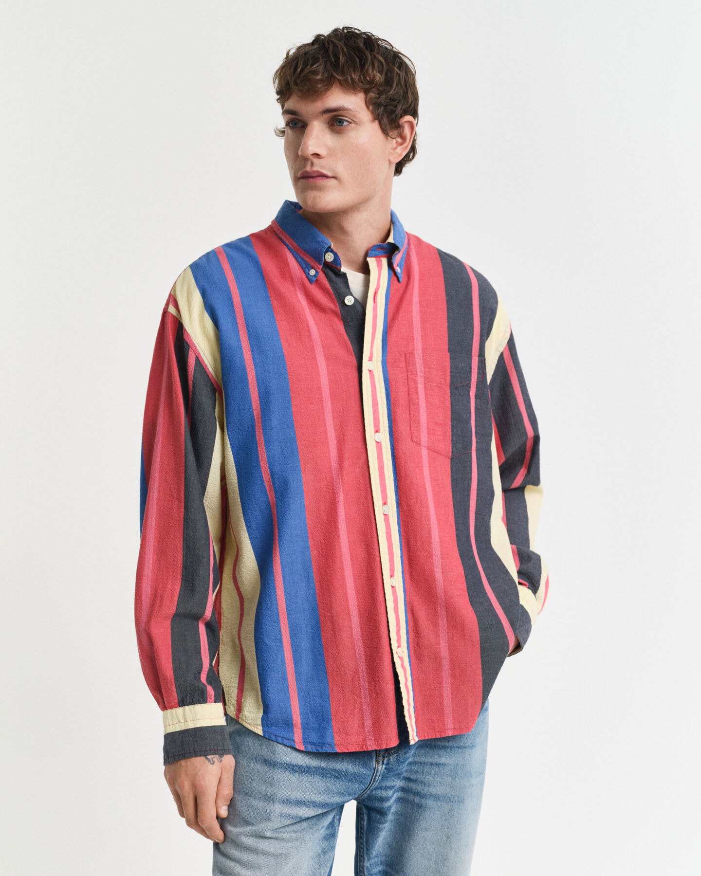 Oversized fit stribet seersucker skjorte