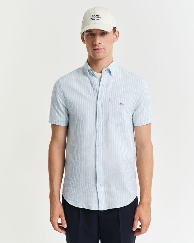 Regular fit stribet skjorte af hør og bomuld med korte ærmer