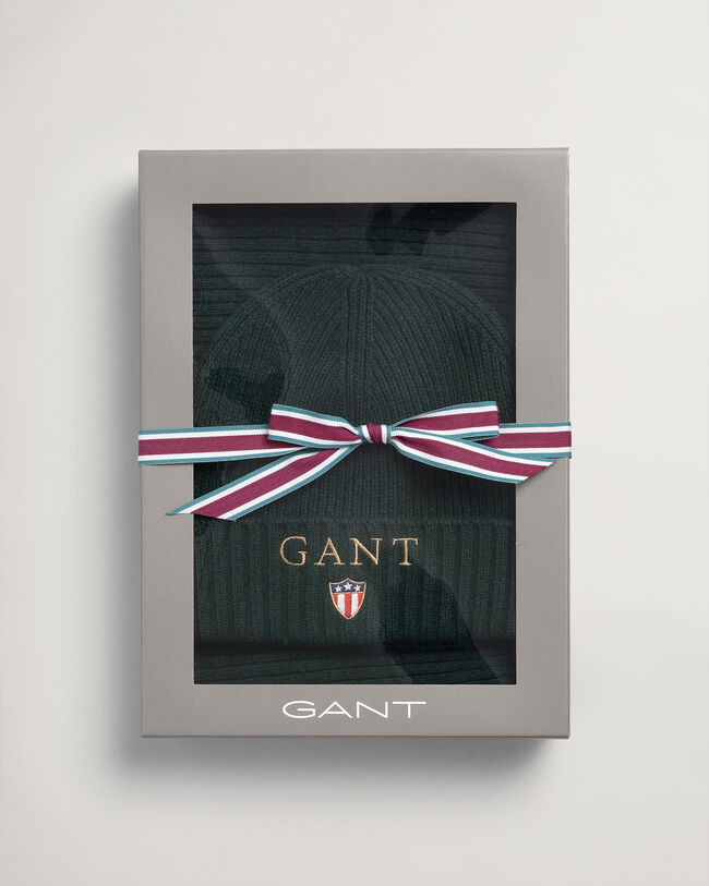 Halstørklæde og beanie med gaveæske