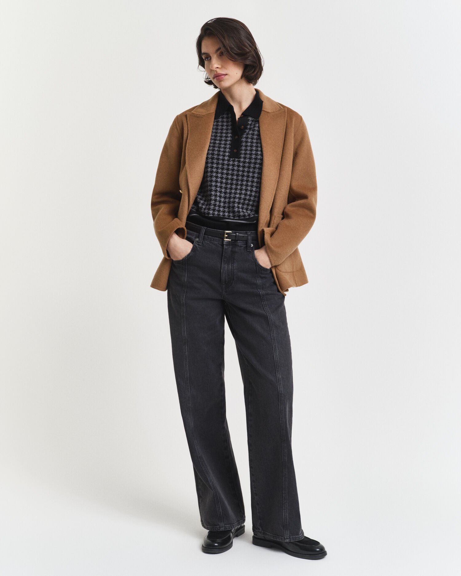 Polo sweater i houndstooth jacquard