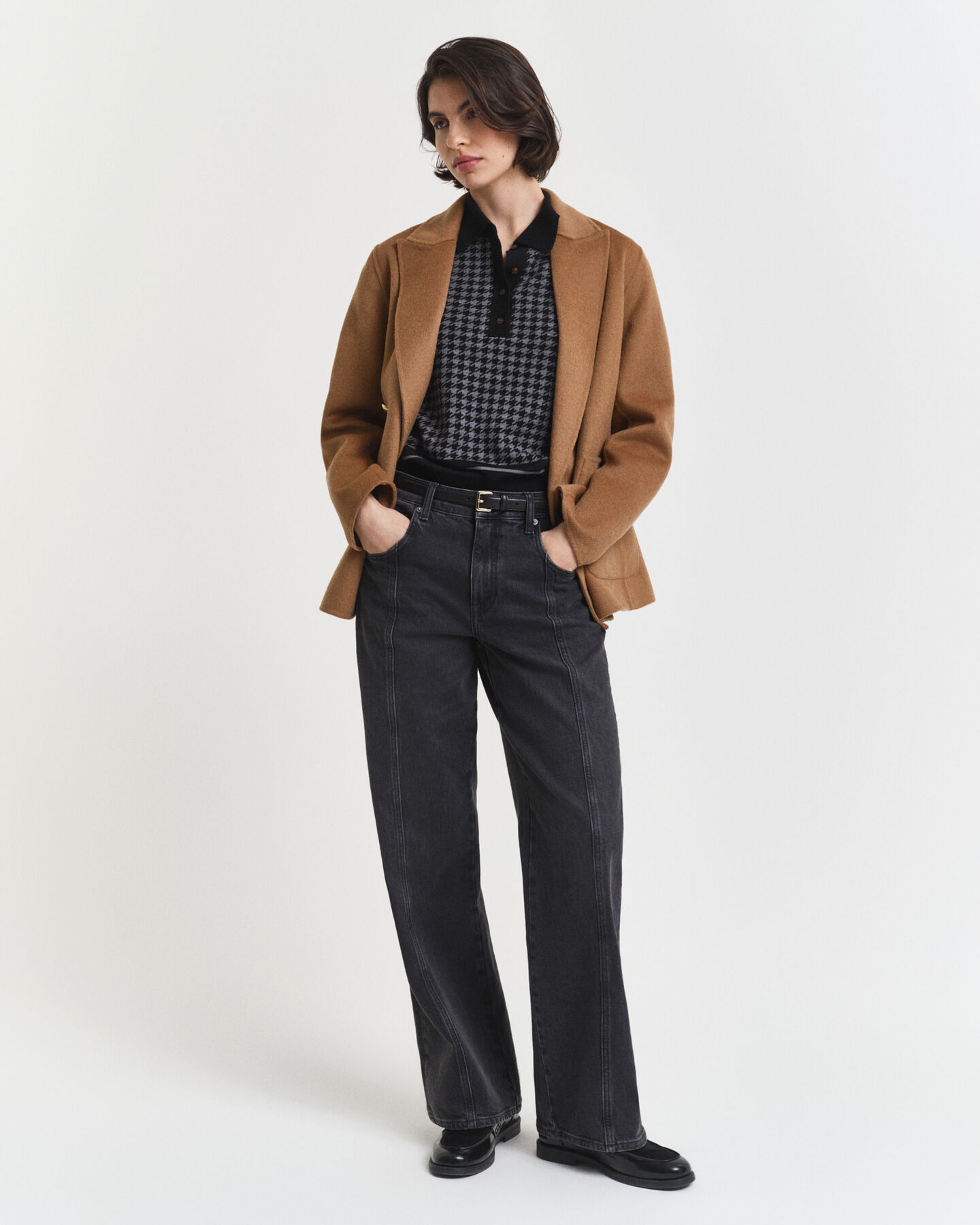 Polo sweater i houndstooth jacquard