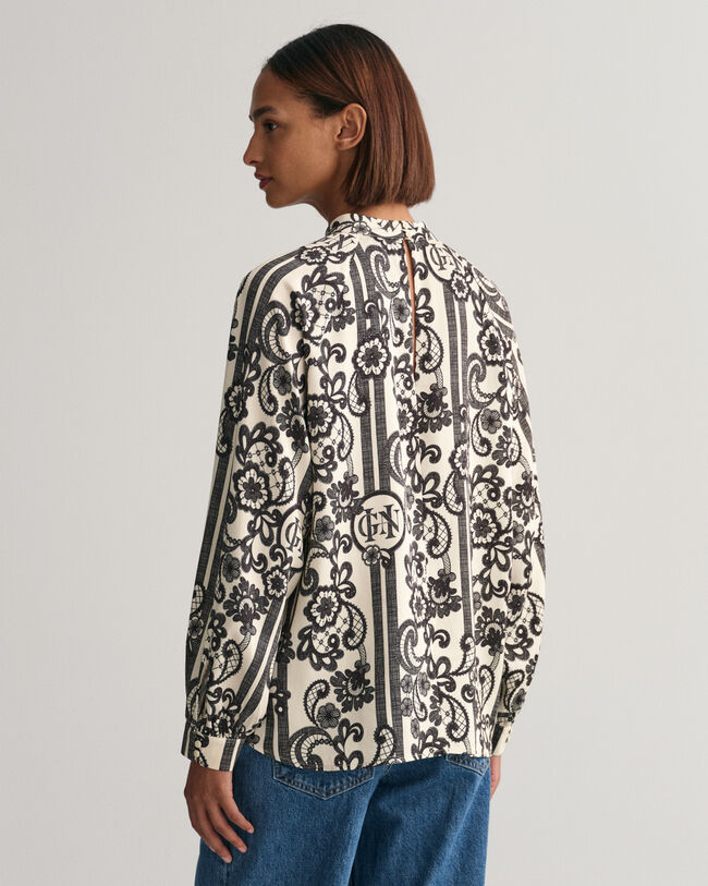 Lace Print bluse med rullekrave