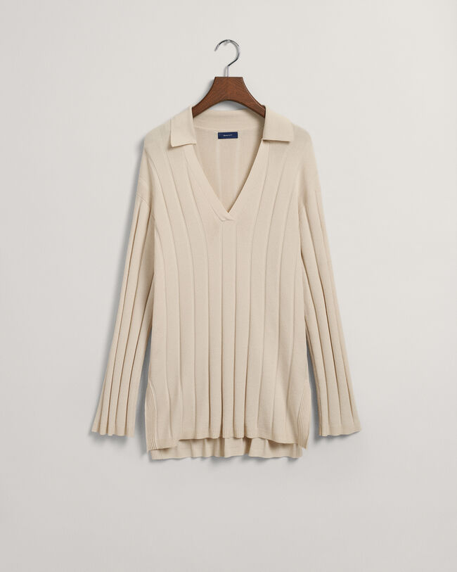 Ribstrikket sweater med åben krave