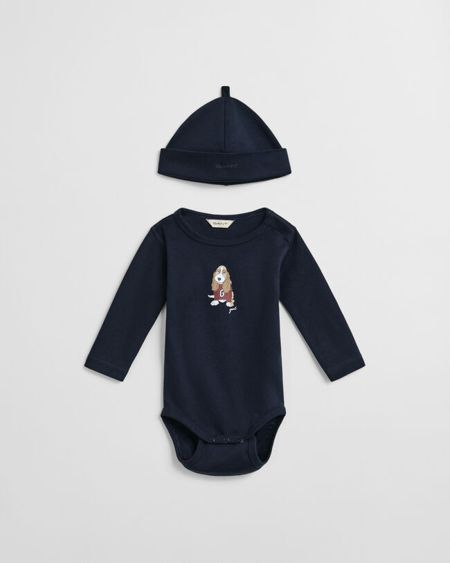 Baby bodysuit og beanie med hundetryk