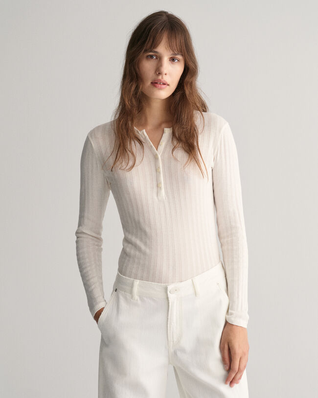 Ribstrikket Henley T-shirt med lange ærmer