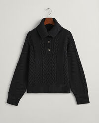 Kabelstrikket sweater med knappet rullekrave