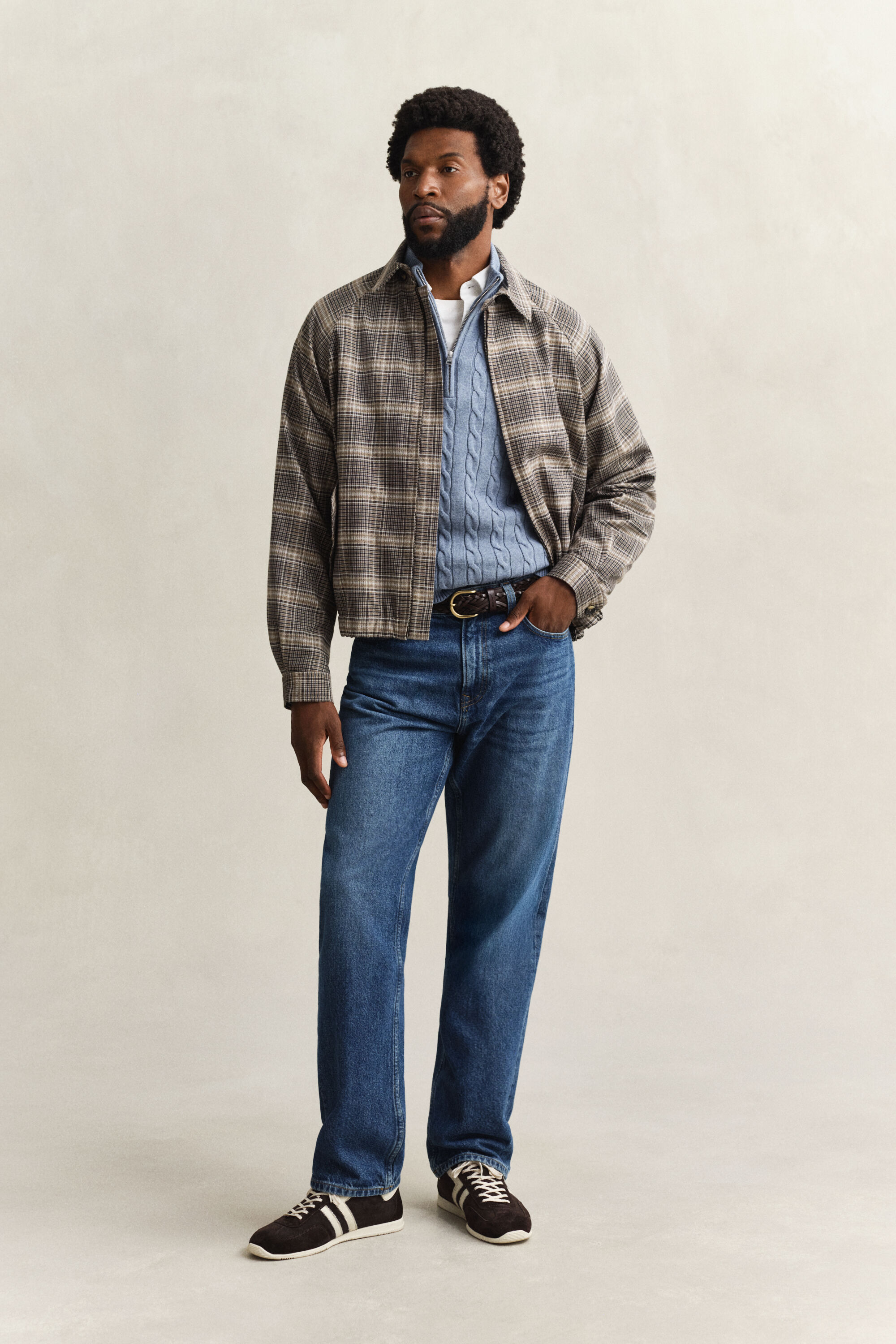 Kabelstrikket sweater af bomuld med halv lynlås