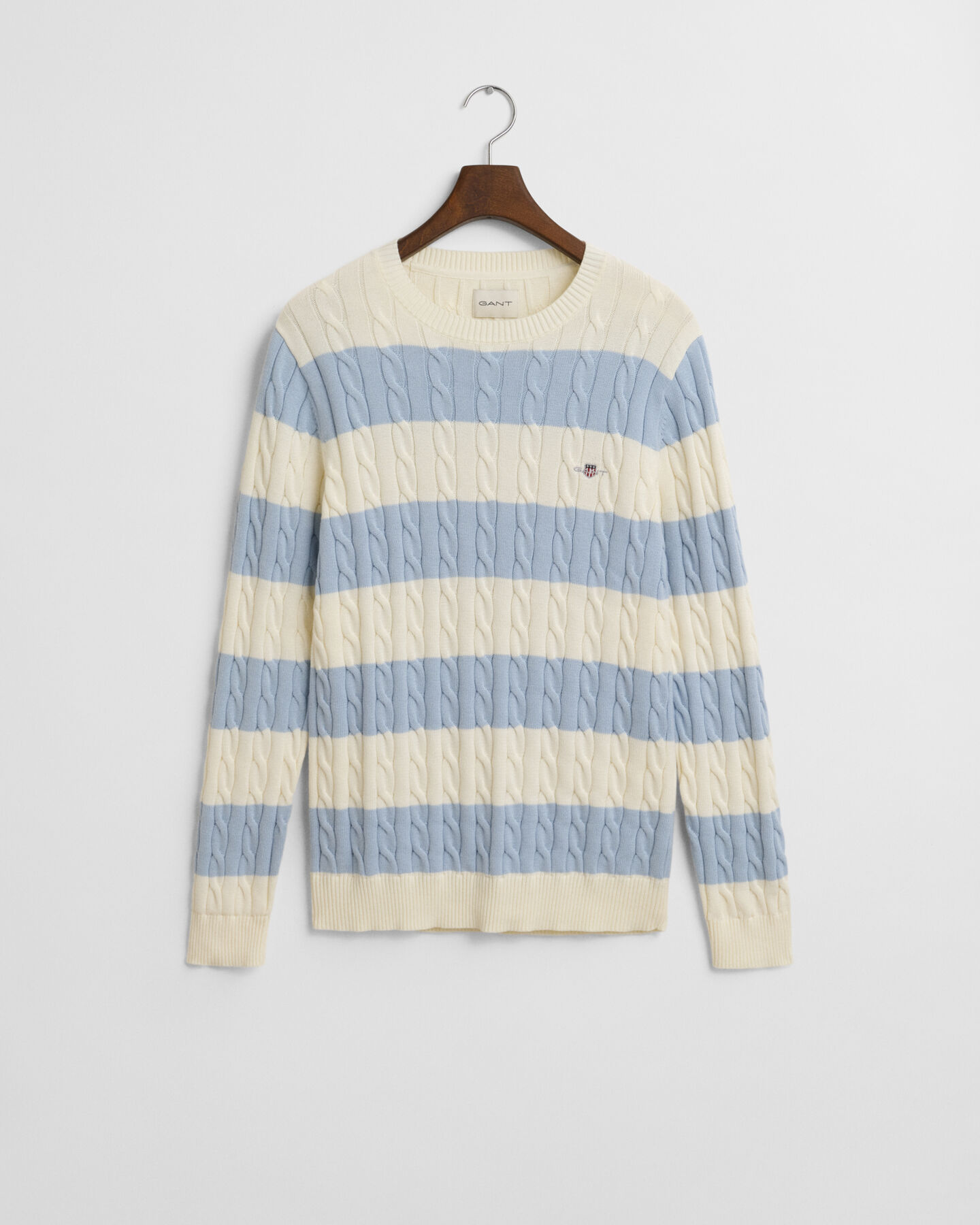 Stribet kabelstrikket crewneck sweater af bomuld