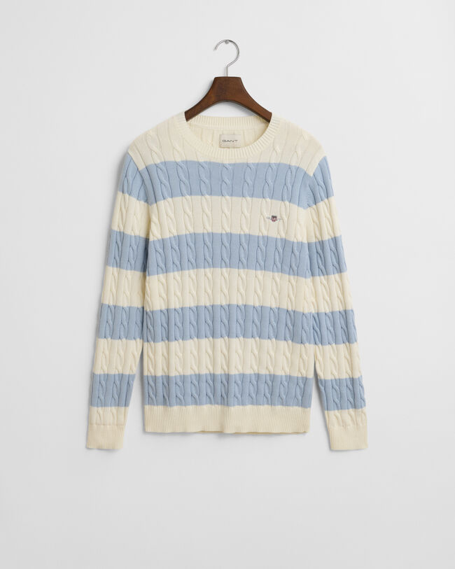 Stribet kabelstrikket crewneck sweater af bomuld