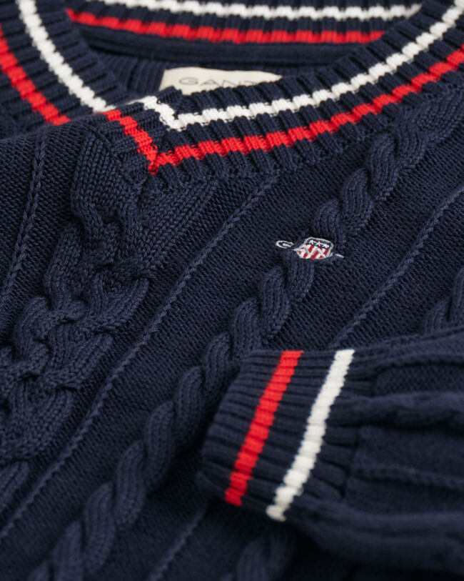 Kids kabelstrikket sweater med V-hals og striber