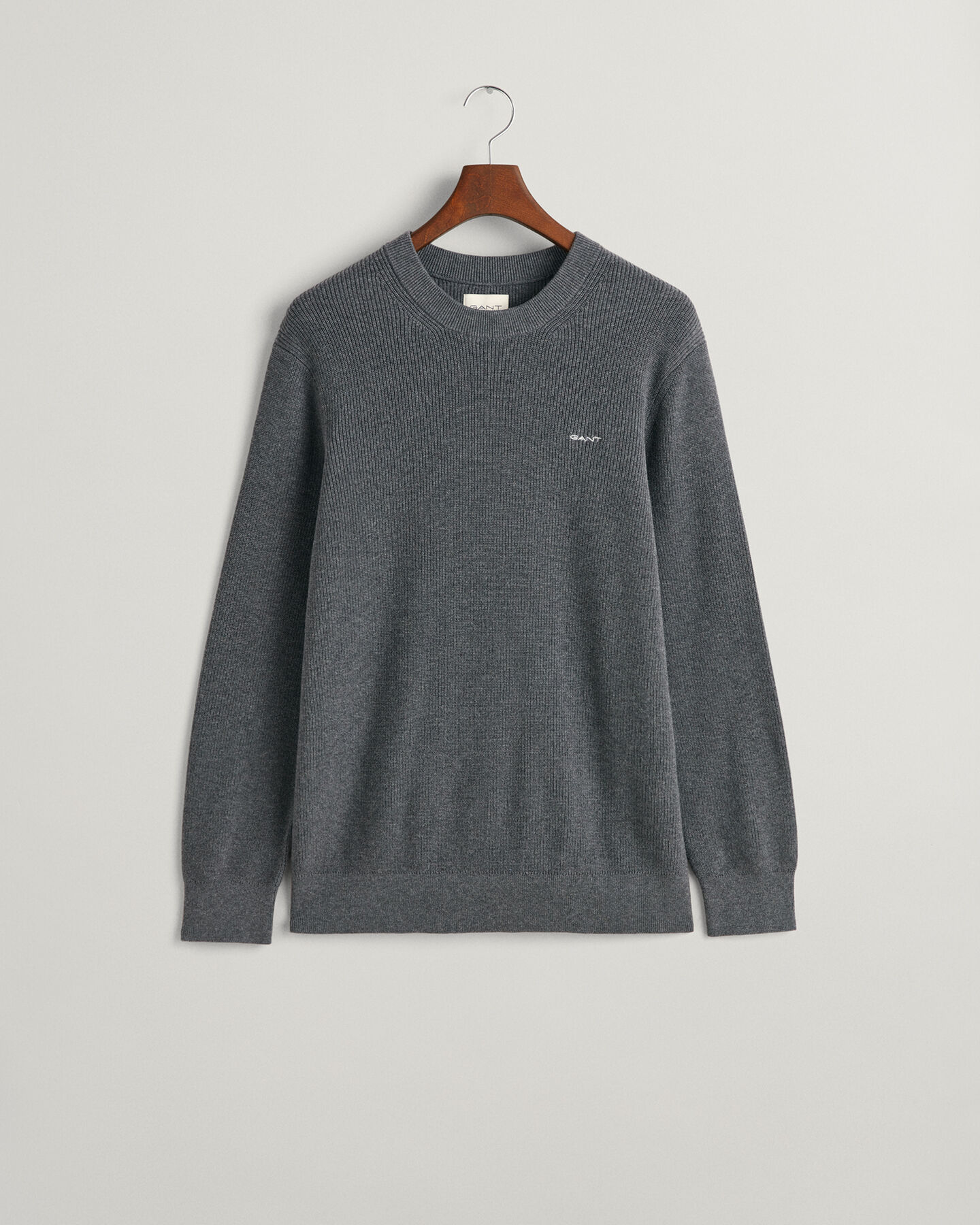 Ribstrikket crewneck sweater af bomuld og uld