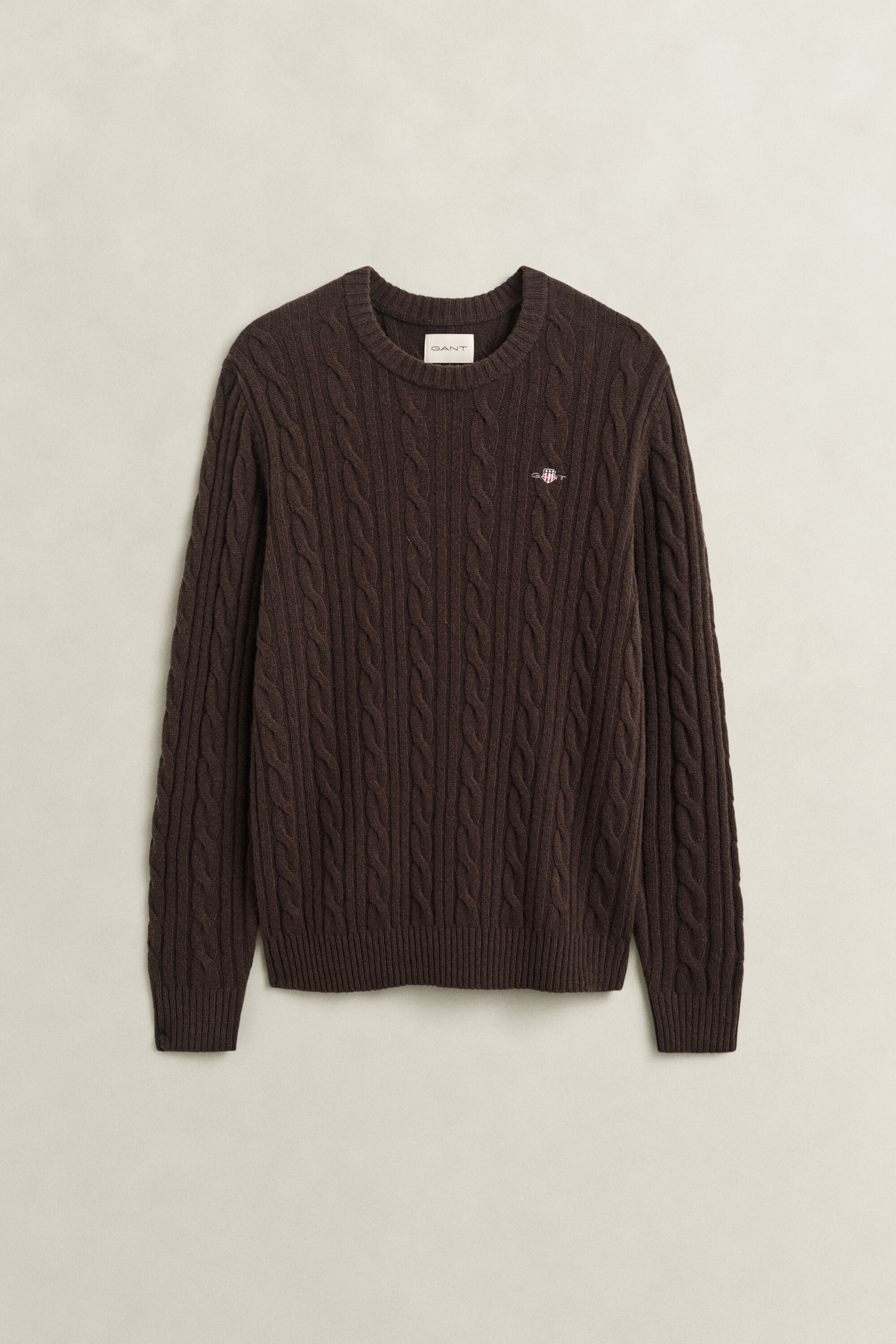 Crewneck sweater af lammeuld med kabelstrik