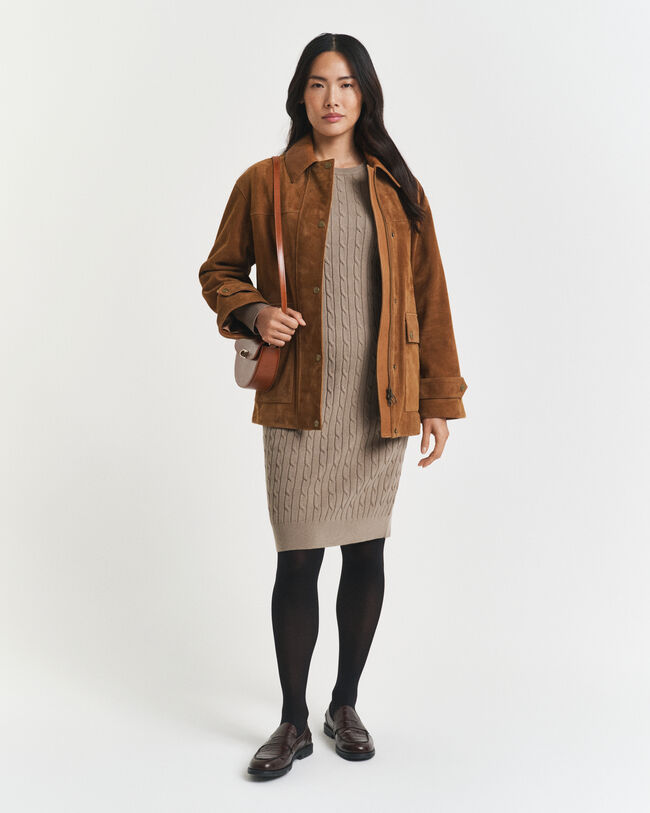 Crewneck kjole af strækbomuld med kabelstrik