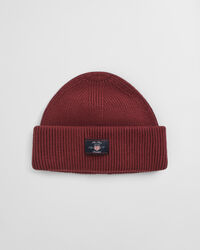 Ribstrikket beanie af bomuldsblanding