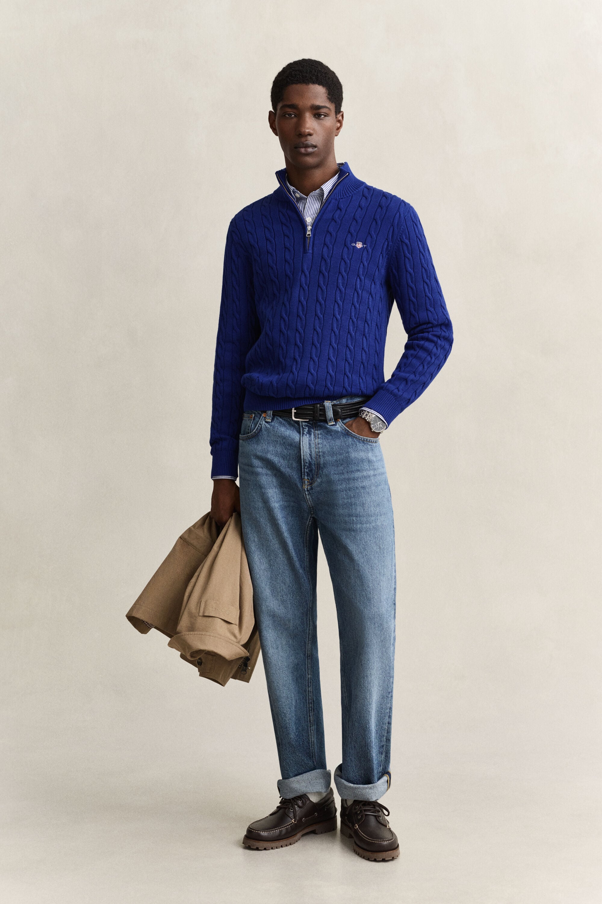Kabelstrikket sweater af bomuld med halv lynlås