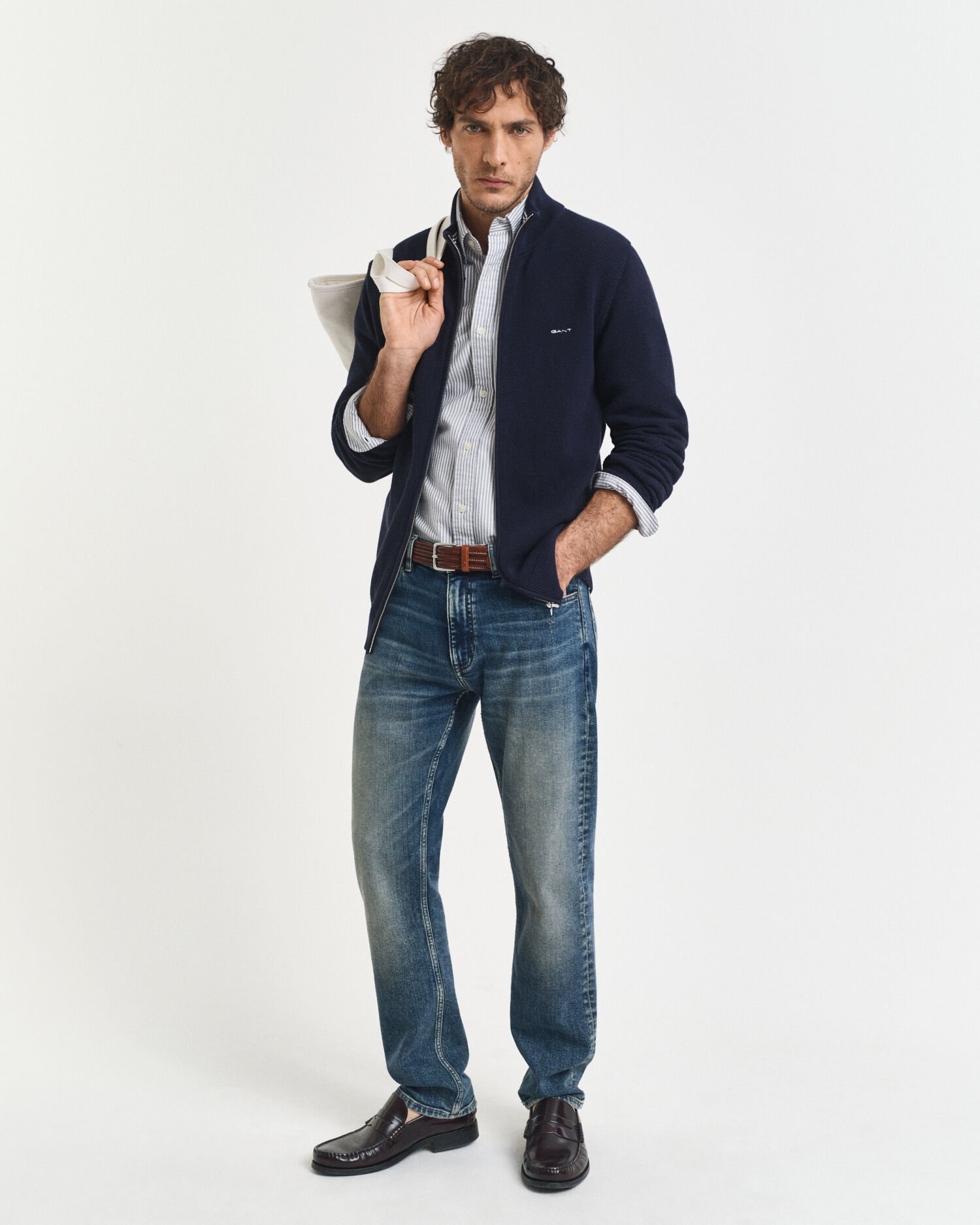 Cardigan af bomuldspiqué med lynlås