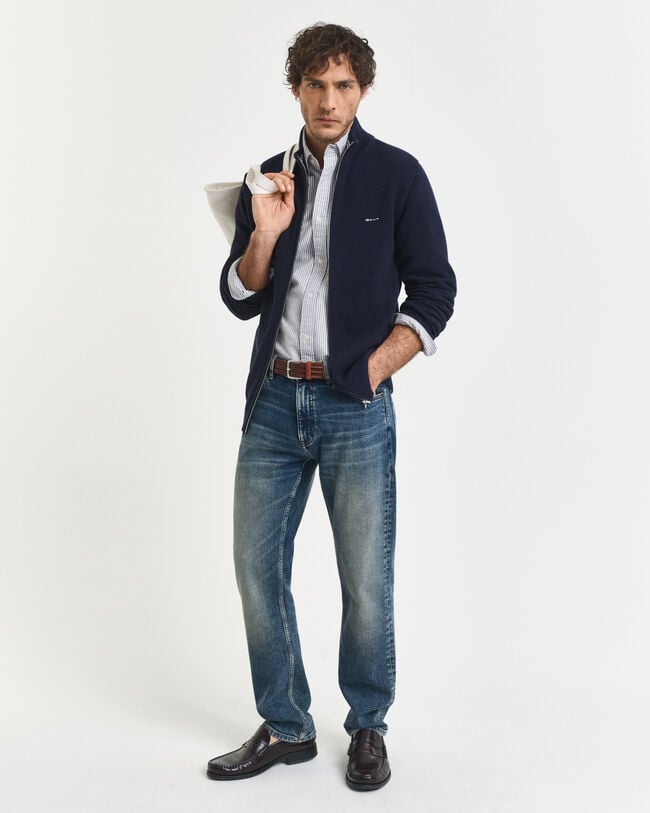 Cardigan af bomuldspiqué med lynlås