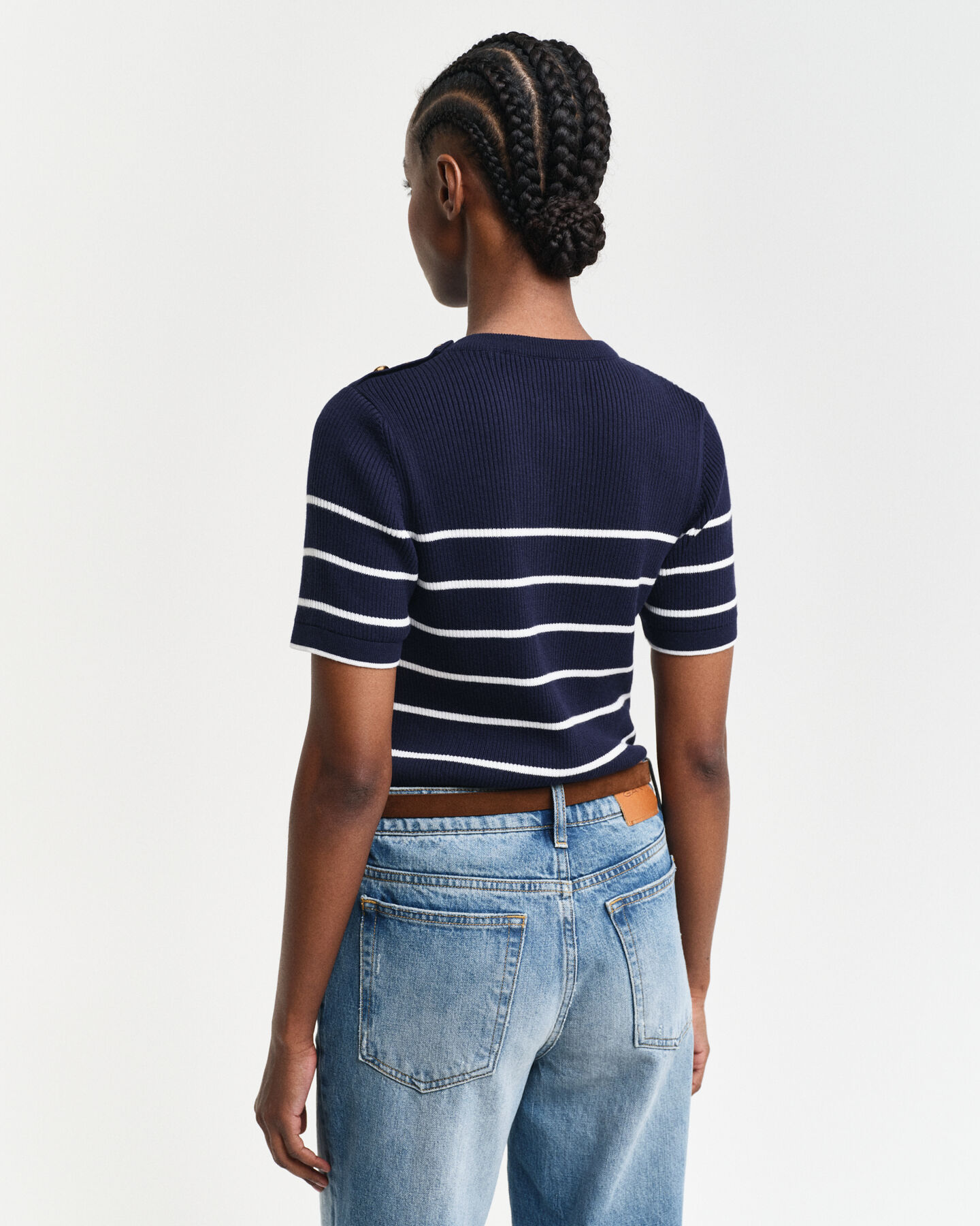 Ribstrikket bretonstribet crewneck sweater