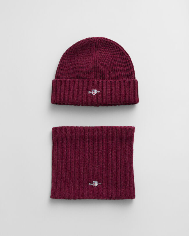 Kids gaves&aelig;t med beanie og h&aring;rb&aring;nd i uld