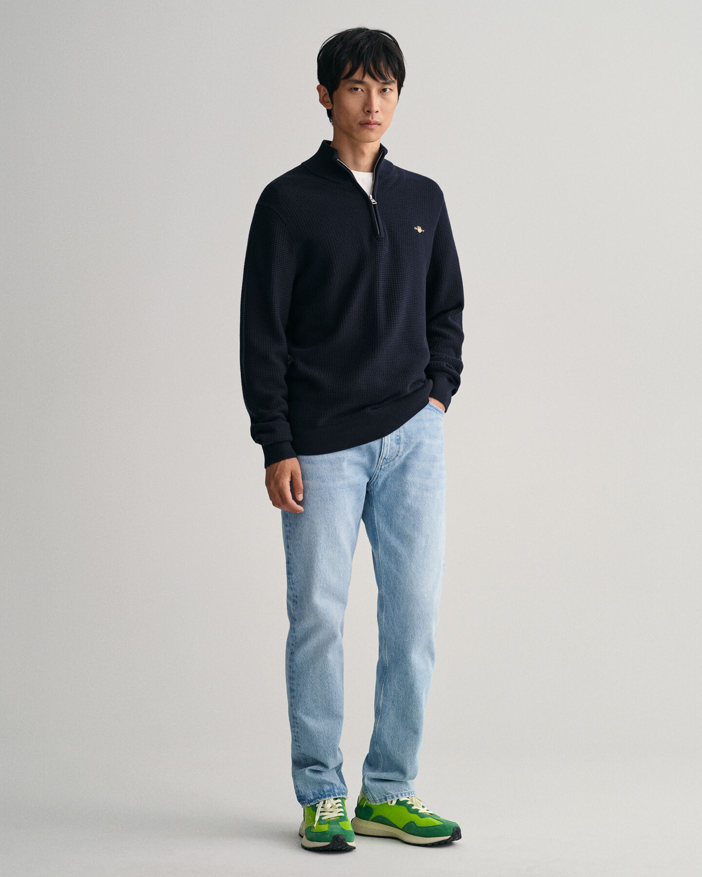 Tekstureret sweater af bomuld med halv lynlås