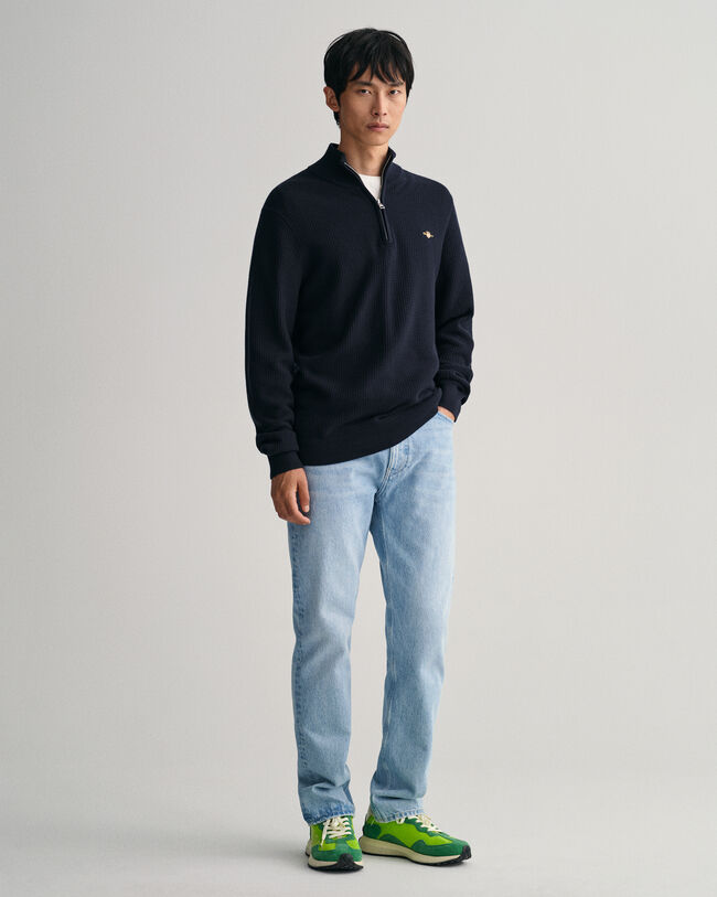 Tekstureret sweater af bomuld med halv lynlås