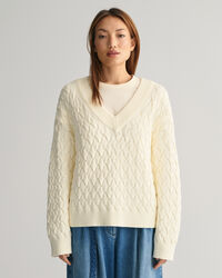 Tekstureret sweater af bomuld med V-hals