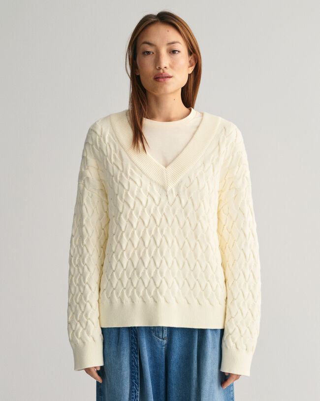 Tekstureret sweater af bomuld med V-hals