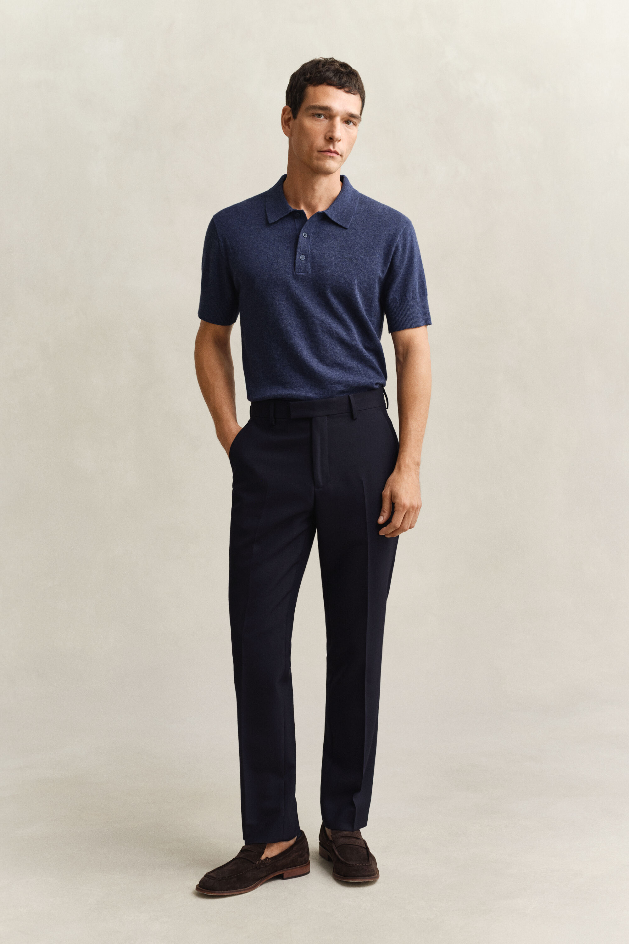 Kortærmet polosweater af nopret bomuldsblanding