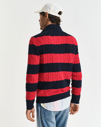 Stribet kabelstrikket sweater af bomuld med halv lynlås