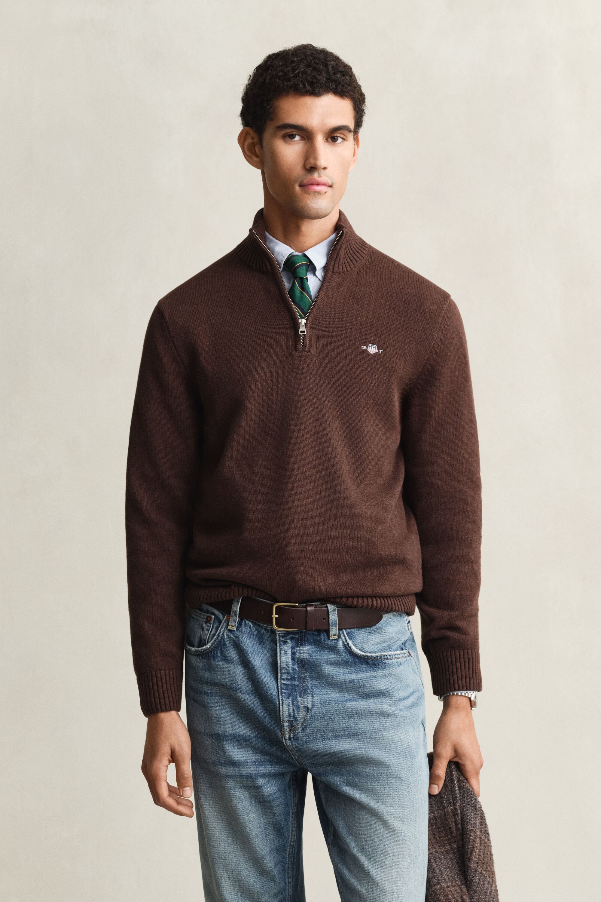 Afslappet sweater i bomuld med halv lynlås