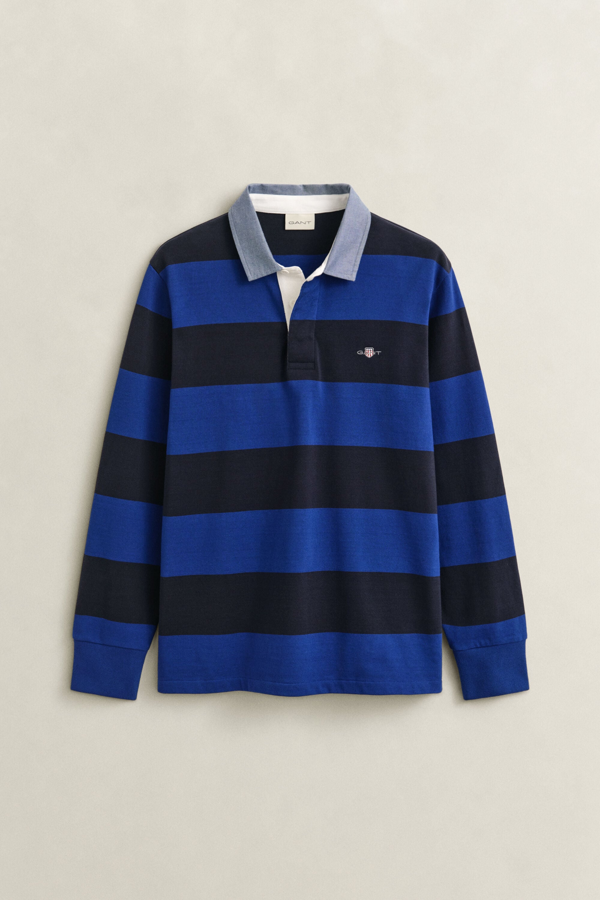 Stribet Heavy Rugger med krave i chambray