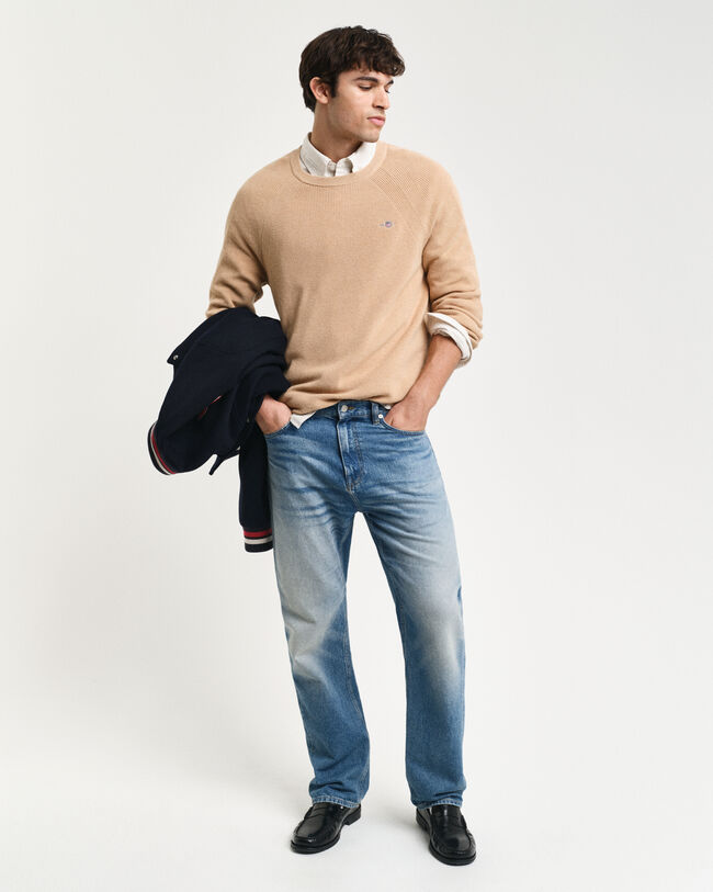 Ribstrikket crewneck sweater af bomuld og uld