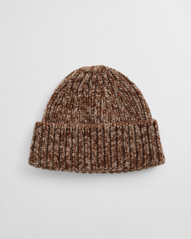 Ribstrikket beanie af melange uld