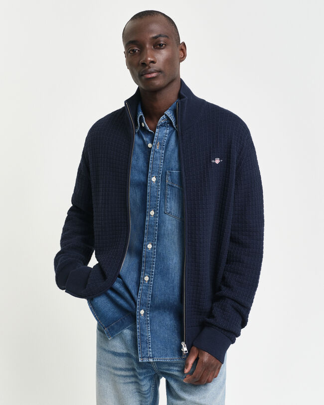 Tekstureret cardigan af bomuld med lynlås