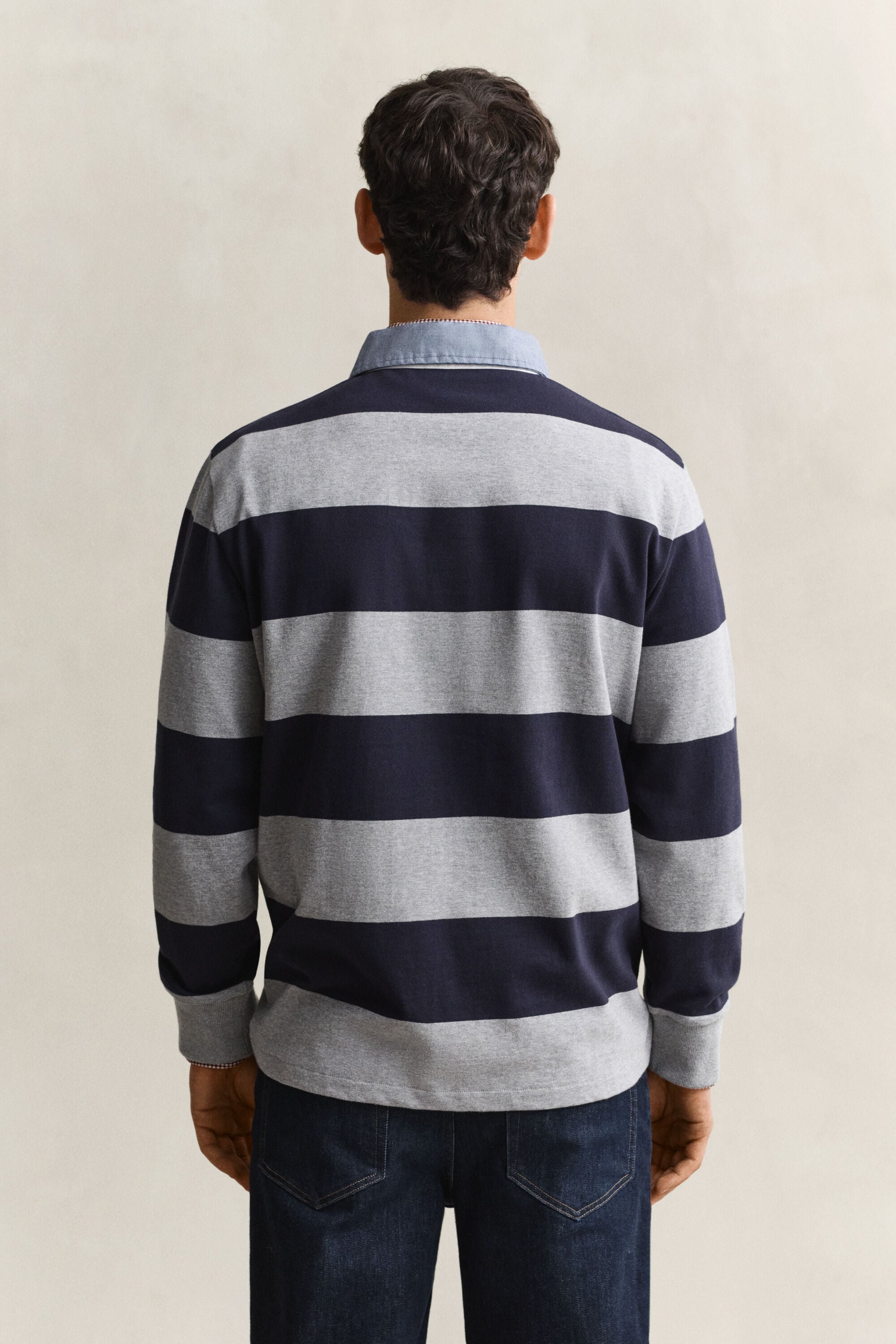 Stribet Heavy Rugger med krave i chambray