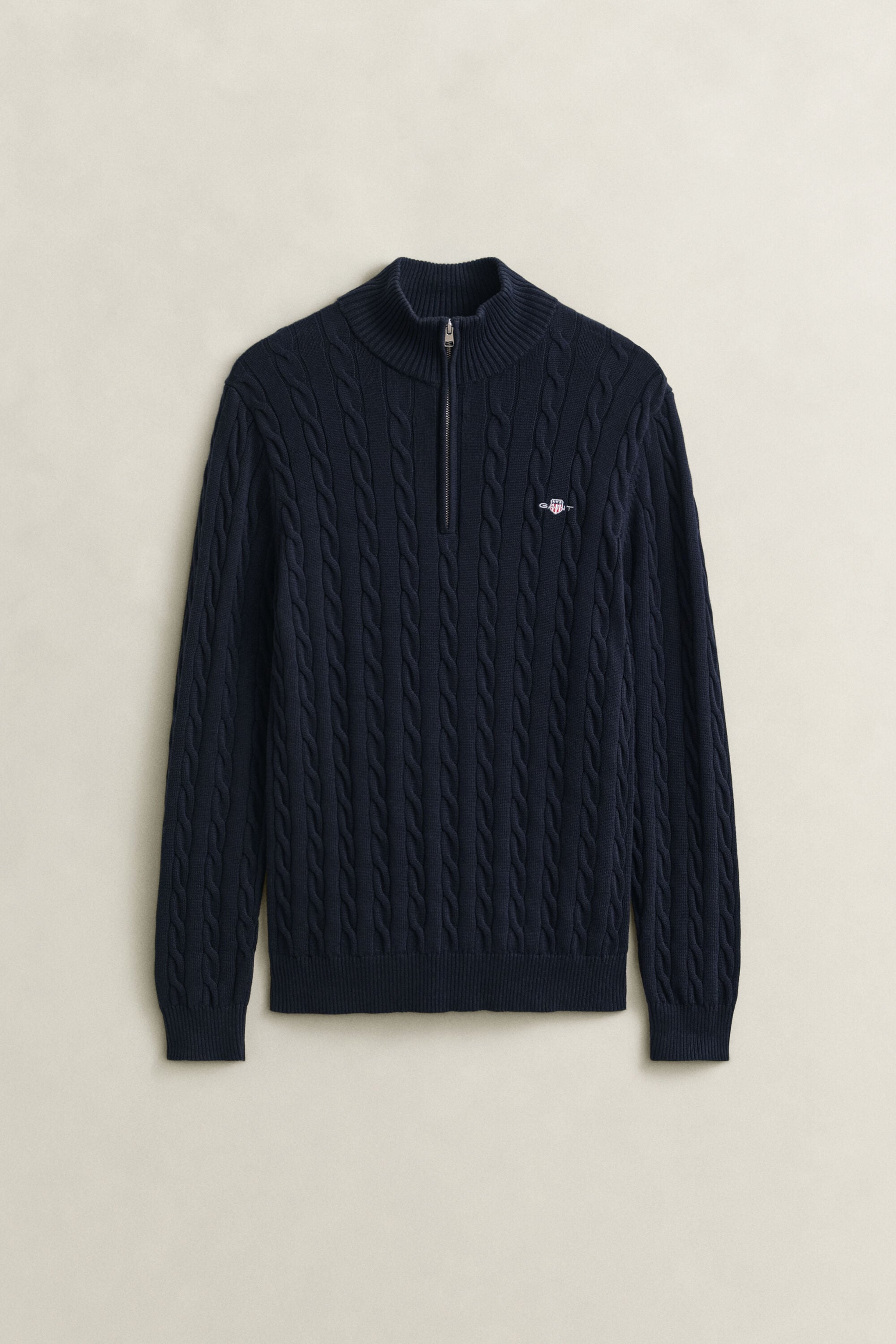 Kabelstrikket sweater af bomuld med halv lynlås