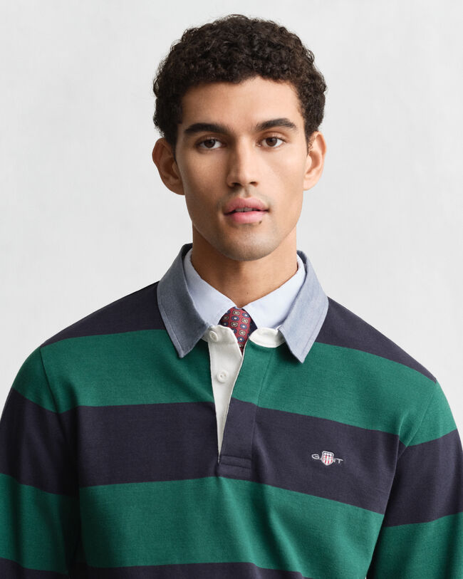 Stribet Heavy Rugger med krave i chambray