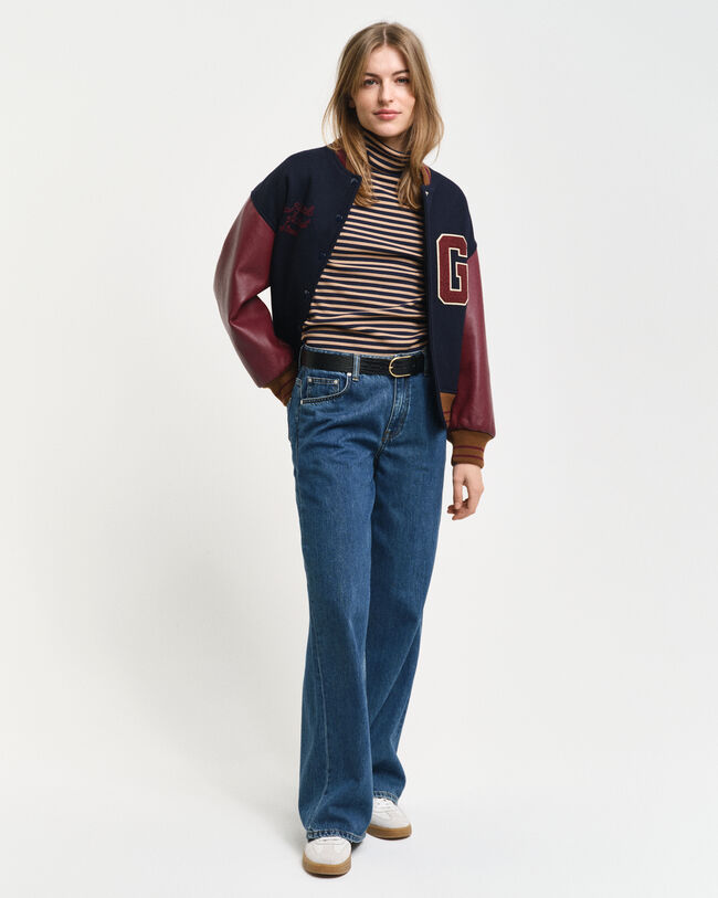 Stribet ribstrikket langærmet top med rullekrave