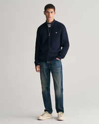 Stribet tekstureret cardigan af bomuld med lynlås