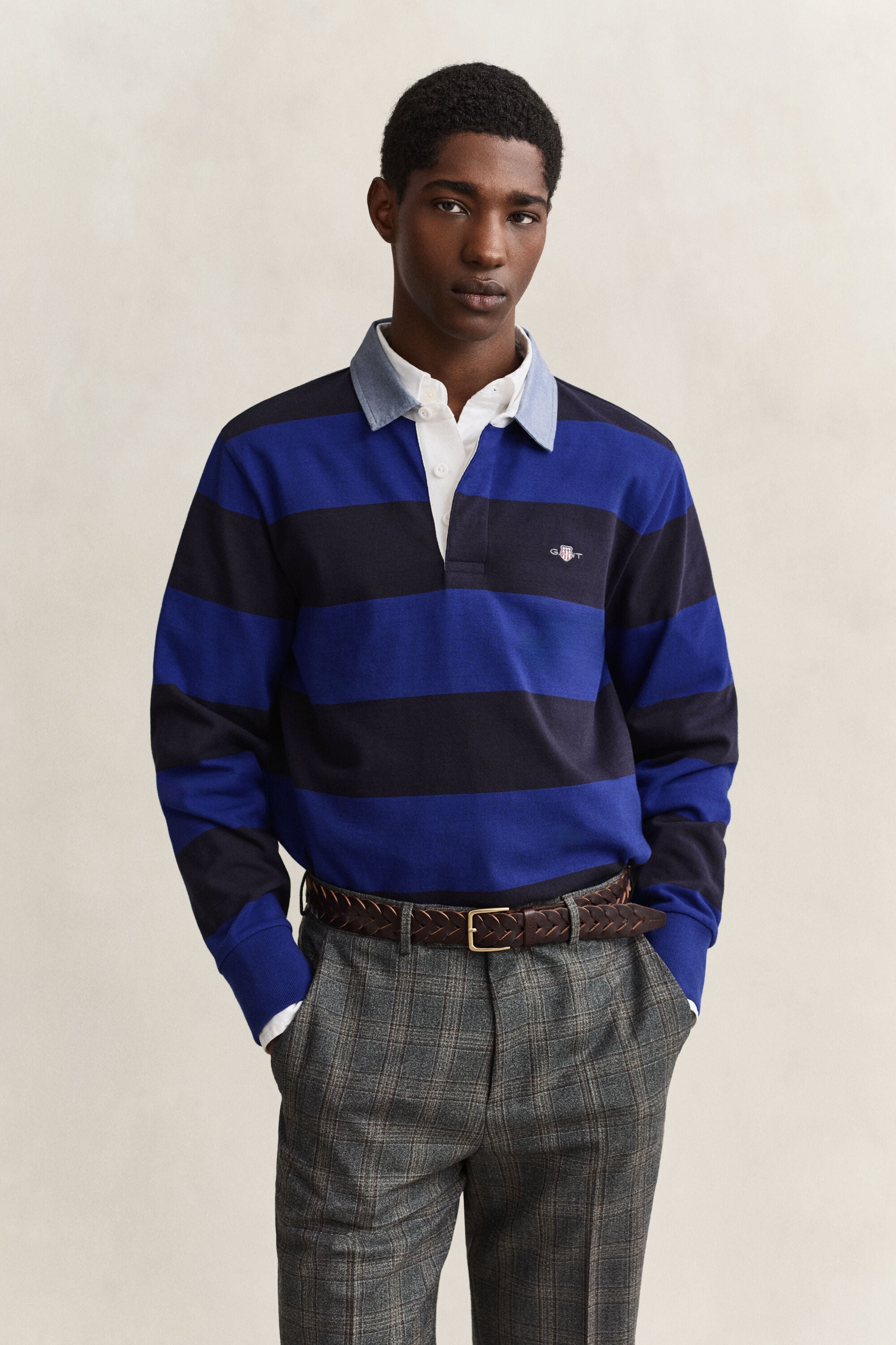 Stribet Heavy Rugger med krave i chambray