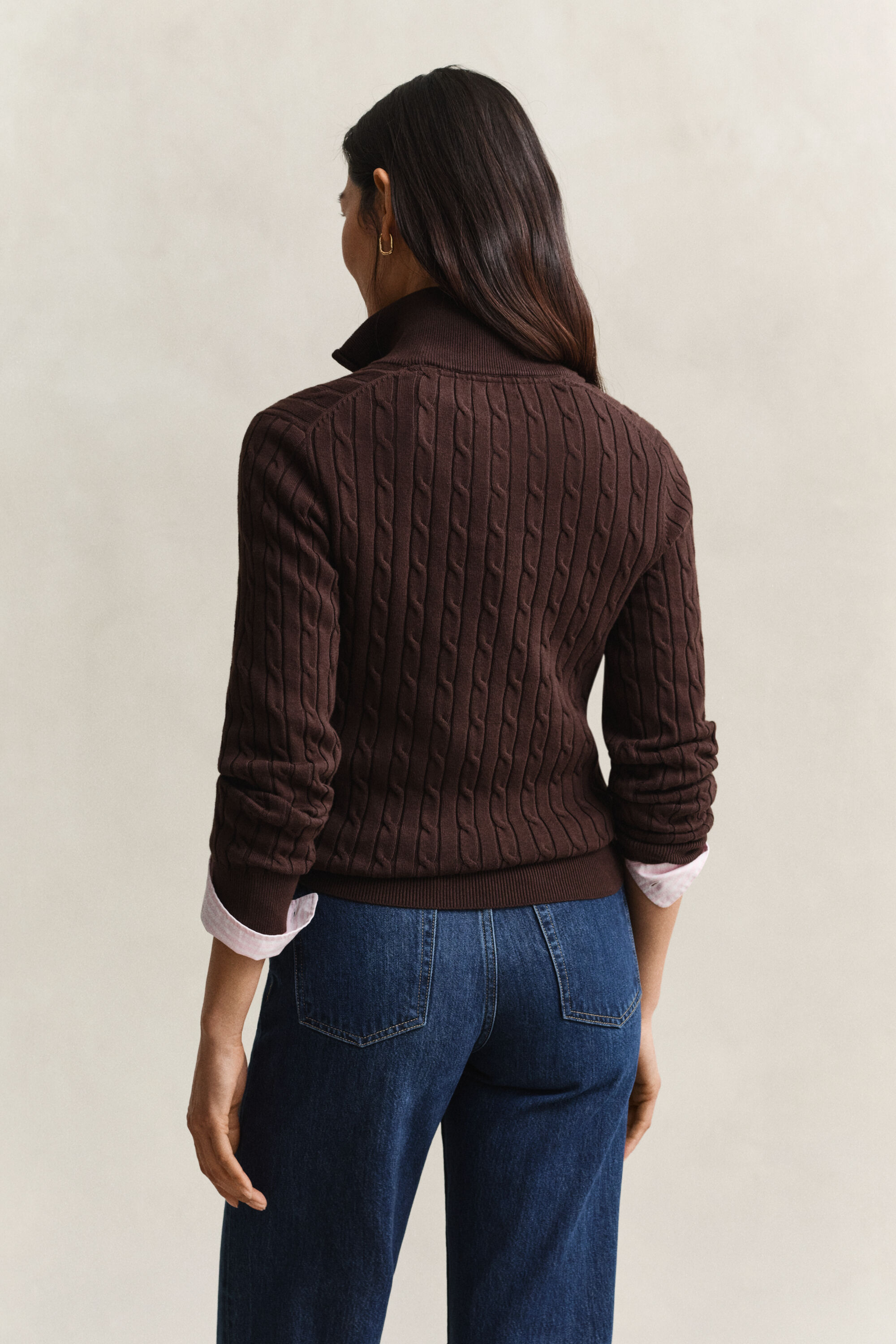 Kabelstrikket sweater af bomuld med stræk og halv lynlås