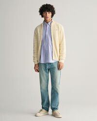 Stribet tekstureret cardigan af bomuld med lynl&aring;s