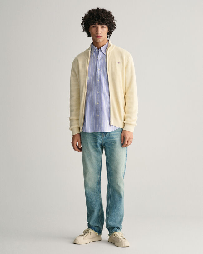 Stribet tekstureret cardigan af bomuld med lynl&aring;s