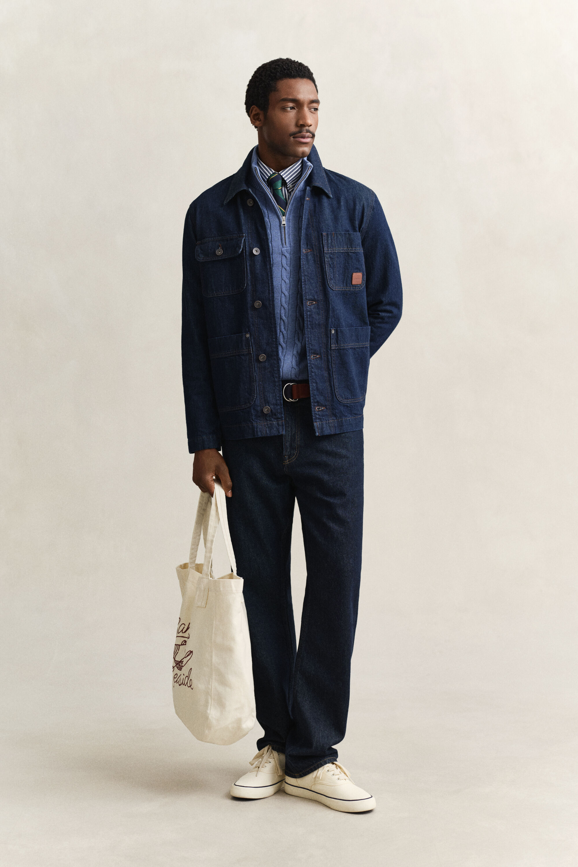 Kabelstrikket sweater af bomuld med halv lynlås