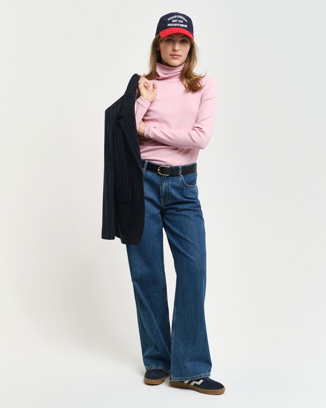 Ribstrikket langærmet top med rullekrave