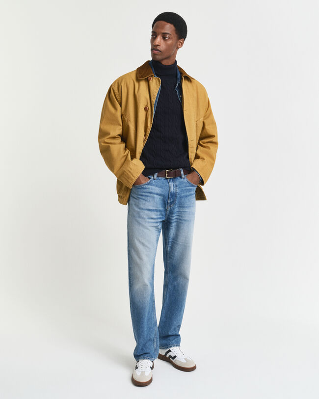 Kabelstrikket sweater af bomuld med rullekrave