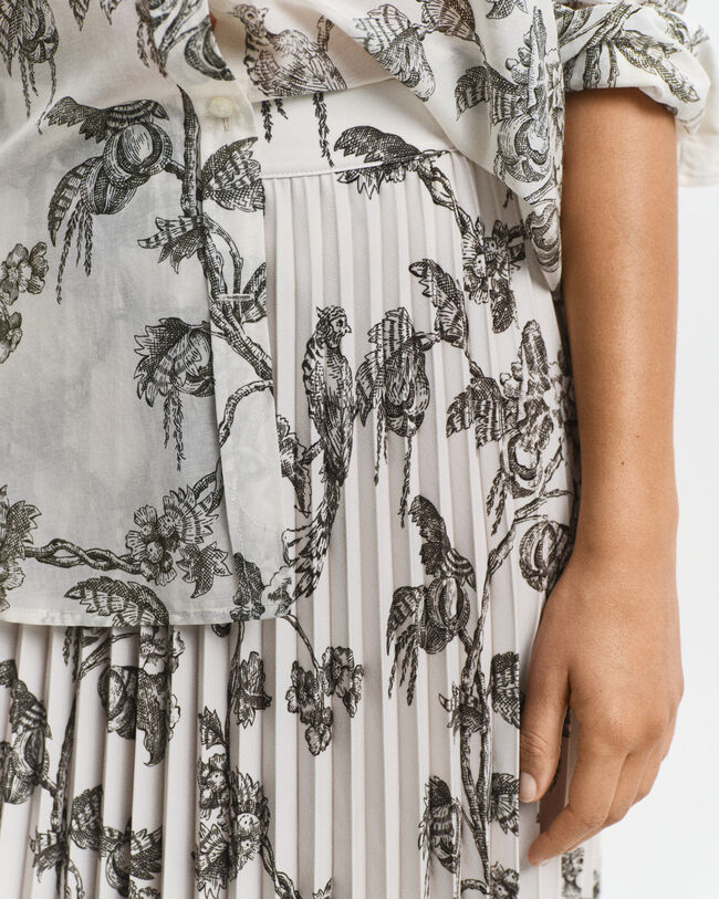 Plisseret midi-nederdel med træ-tryk