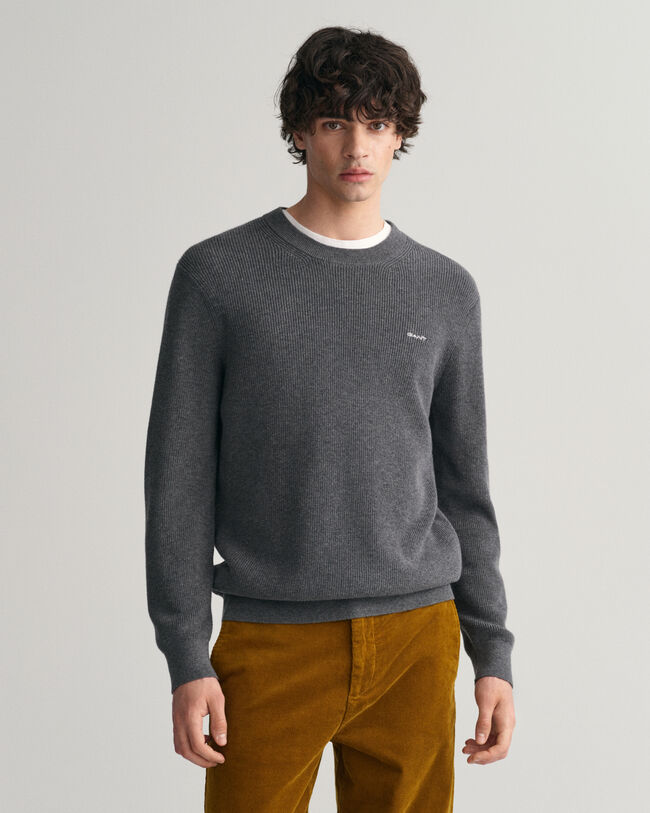 Ribstrikket crewneck sweater af bomuld og uld